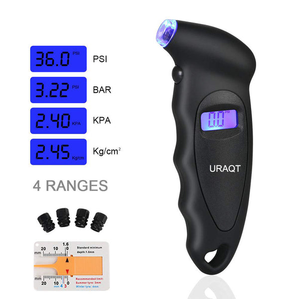 URAQT Digital Tyre Pressure Gauge, 150 PSI 4 Settings with Backlight LCD Display, Valve Caps, Tyre Tread Depth for Car Truck Bicycle